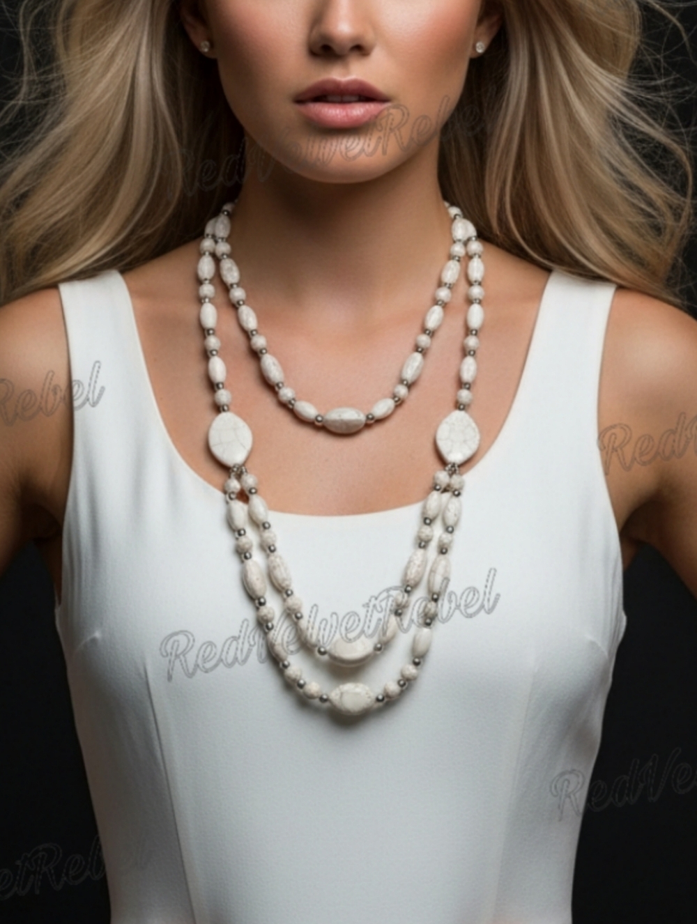 Handcrafted Boho White Turquoise Stone Layered Necklace & Earrings Set